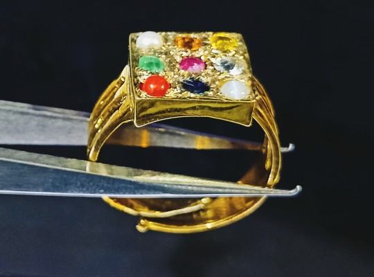 Vintage Navaratna Ring 22k Gold Gems Diamond Sapphire Amulet Man - Ruby Lane