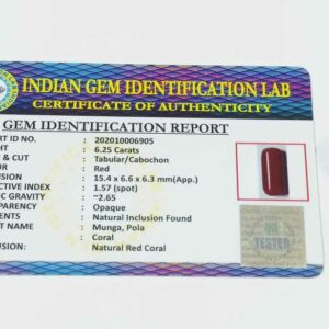 Genuine Red Coral/ Moonga Stone & Certified 6.25 Carat - Image 2
